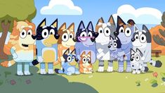 a group of cartoon cats standing next to each other in front of trees and bushes