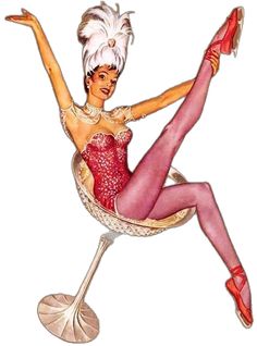 a drawing of a woman sitting in a chair with her legs spread out and wearing red shoes