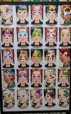 Face Painting Choice Board, Face Paint Choice Board, Face Paint Inspiration, Face Painting Board Display, Fast Face Paint, Face Paint Pattern, Easy Animal Face Paint, Easy Face Painting Designs Simple, Face Paint Unicorn