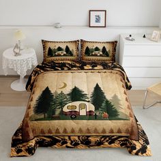 a bed with a camper and trees on it