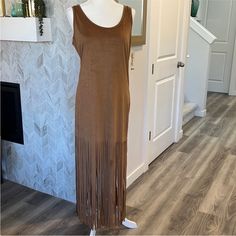 Wrangler Faux Brown Suede Fringe Bottom Western Cowgirl Maxi Dress. Size Medium. New With Tags. Pit To Pit 19”. Fringe Starts At 23”. Length From Underarm Is 45”. Fabric Is Soft And Stretchy. I’m A Size 8 And It Fits Loose. I’m Only Selling It Bc It Looks Awful On Me. Western Cowgirls, Suede Fringe, Brown Suede, Faux Suede, Maxi Dress, Womens Dresses, Dresses, Women Shopping, Fabric