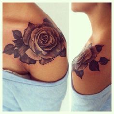 a woman's breast with a rose tattoo on it