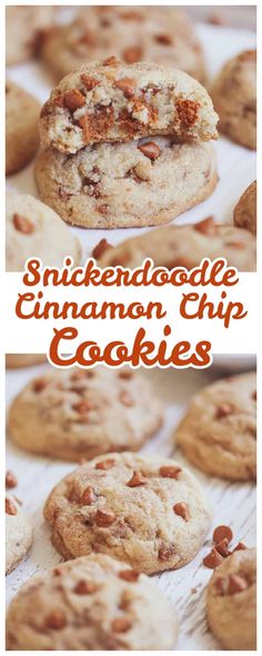 a close up of some cookies with the words snickked doodle cinnamon chip cookies