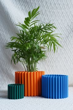 three different colored vases sitting next to a green plant on a white tablecloth