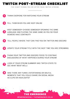 a pink and white poster with the words twitter post - stream checklist