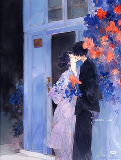 a painting of two people kissing in front of a blue door with red and orange flowers