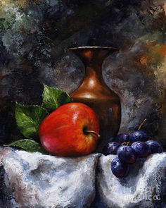 a painting of an apple and grapes on a table