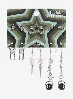 Keep it quirky every day of the week with these earrings! This silver-tone set has pieces with stars  fish bones  teeth  8 balls and more. Fish Bones, Hello Kitty Rooms, Bone Earrings, Punk Earrings, Acrylic Set, Funky Jewelry, Fish Bone, Day Of The Week, Accessories Jewelry Earrings