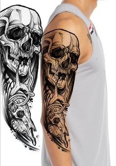 a man with a tattoo on his arm next to a drawing of a skull and a human head