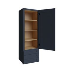 an empty black cabinet with shelves on both sides and one door open to reveal the contents