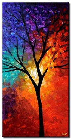 an abstract painting with a tree in the foreground and colorful sky in the background