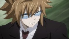 an anime character with blonde hair and blue eyes wearing a black suit in front of a green background