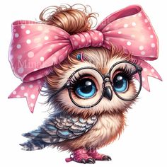 an owl with glasses and a bow on it's head is wearing a pink polka dot