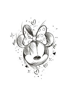 a drawing of mickey mouse's head with hearts around it