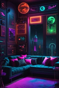 a living room filled with furniture and neon colored lighting on the walls, windows, and floor