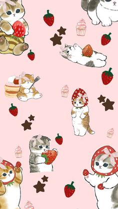 a pink background with cats and cupcakes on the bottom, one cat is holding a strawberry