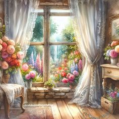 a painting of a room with flowers on the window sill