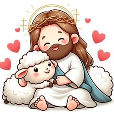 jesus holding a sheep with hearts in the background