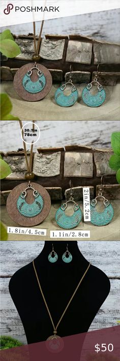 HP NWT-Boho Necklace Set Turquoise Leather, Disc Necklace, Wood Metal, Leather Necklace, Leather Chain, Boho Necklace, Charm Earrings, Earring Necklace, Matching Earrings