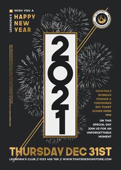 the new year's eve party flyer is shown with fireworks in the sky and numbers on