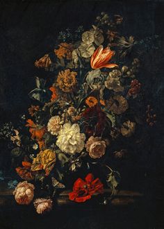 a painting of flowers in a vase on a table