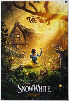 the poster for disney's snow white and the seven dwarfs is shown in front of a forest