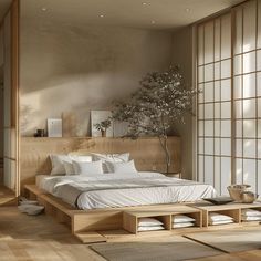 A Japandi bedroom that features cleverly concealed storage solutions, such as a bed with built-in drawers or a storage bench, maximizing space efficiency while maintaining a serene and uncluttered visual appeal Spavace Sobe, 70s Living Room, Japandi Interiors, Cozy Interior Design