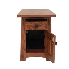 a wooden table with an open drawer on the bottom and one door opened to reveal something inside