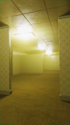 an empty room with yellow walls and carpeted flooring is pictured in this image