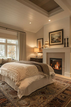 a bedroom with a fireplace and bed in it