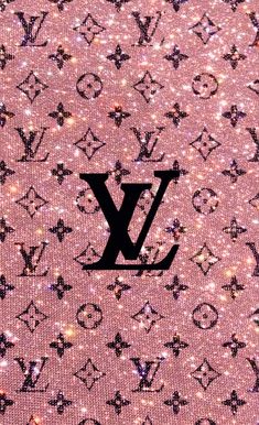 the louis vuitton logo is shown on a pink background with small sparkles