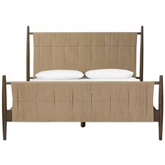 the bed has two pillows on it and is made out of wood with white linens