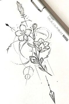 a pencil drawing of flowers and arrows on paper