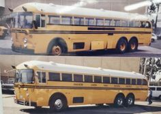 two yellow school buses parked next to each other in front of a building and another bus behind them