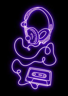 headphones and a cassette player are glowing in the dark