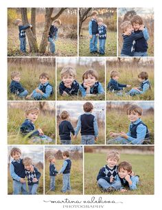 a collage of photos of two young boys playing in the grass with each other