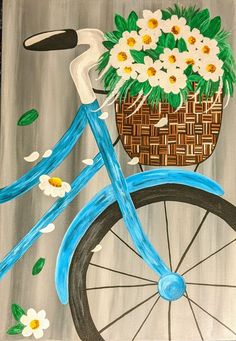 a painting of a bicycle with flowers in the basket