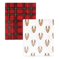 two red and green plaid blankets with reindeer heads on them