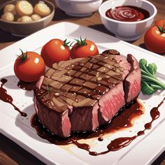 a piece of steak on a plate with tomatoes and sauce