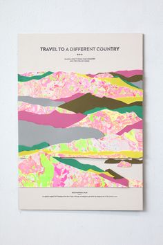 the cover of travel to a different country is shown on a white surface with pink, green and yellow colors