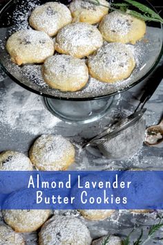 almond lavender butter cookies in a glass bowl with powdered sugar on top and sprinkled with rosemary