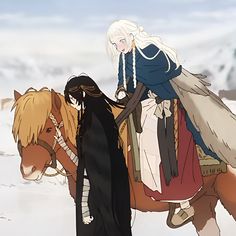 two people on horses in the snow with one person standing next to them and looking at another