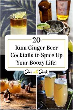 Collage of 4 rum ginger beer cocktails. Ginger Beer And Rum, Pineapple Ginger Beer Cocktail, Rum And Ginger Beer Cocktail Recipes, Beer Cocktails Recipes, Ginger Cocktail Recipes, Spiced Rum Drinks, Spiced Rum Cocktails