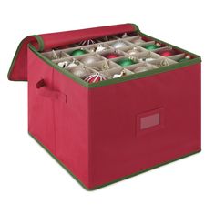 a red storage box filled with christmas ornaments