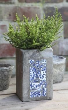 a potted plant sitting on top of a wooden table next to two cement pots