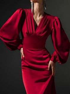 Vestido Pink, Red Dress Sleeves, Evening Midi Dress, Midi Dress Elegant, Formal Wear Women, Mermaid Evening Gown, Red Dress Women, Formal Dresses With Sleeves, Evening Gown Dresses