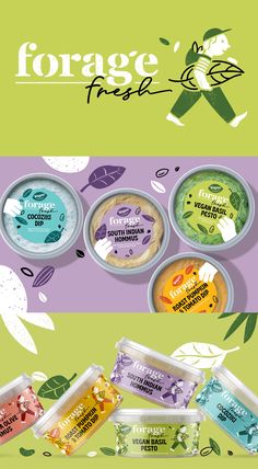 four different types of ice creams in plastic containers on a green and purple background