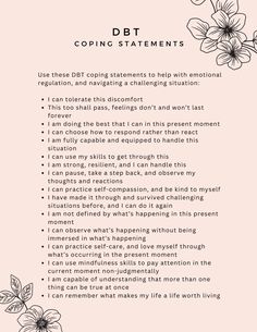 Use DBT coping statements to work through heightened emotions, and a challenging situation. These statements can affirm how to get through a challenging moment using other DBT-based skills. Coping Statements, Dbt Therapy, Dbt Skills, Dialectical Behavior Therapy, Mental Health Counseling