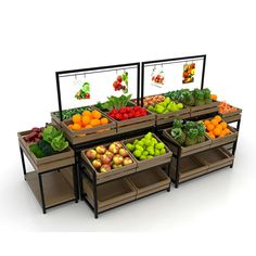 an assortment of fruits and vegetables on display in wooden bins with black metal frames