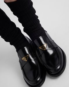 Upper with leather band Enameled metal triangle logo Monoblock rubber sole with hot-stamped logo Heel height, 20 mm Prada Loafers, Leather Loafers Women, Loafers Women, Ballerina Slippers, Luggage Bags Travel, Custom Belt, Messenger Bag Backpack, Large Wallet, Triangle Logo